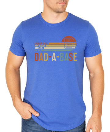 Men's heather blue Dad-A-Base funny dad jokes graphic t-shirt with retro floppy disk design