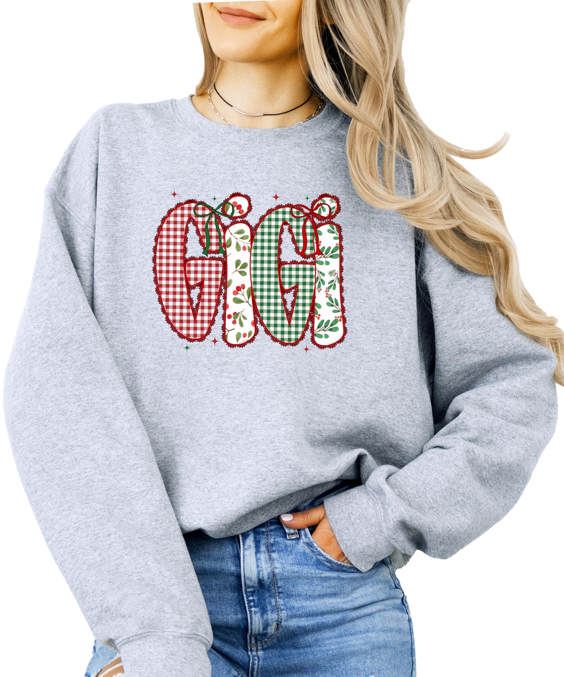 Gigi holiday sweatshirt featuring red and green lace-print festive graphic design