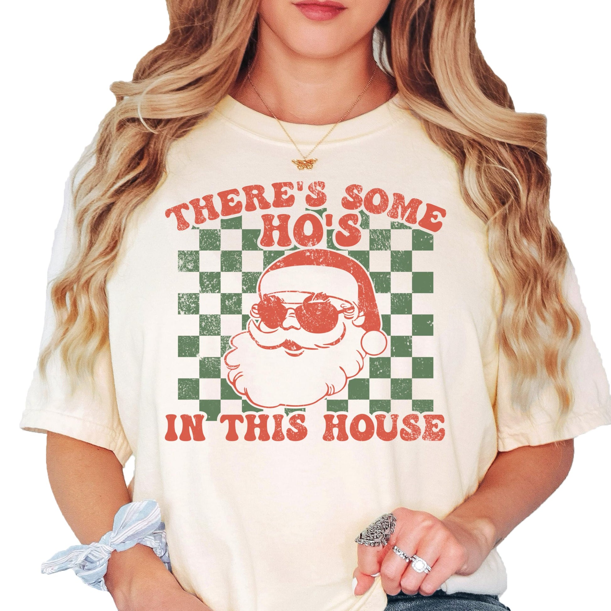 Close-up of There's Some Ho's in This House holiday graphic print on a unisex tee