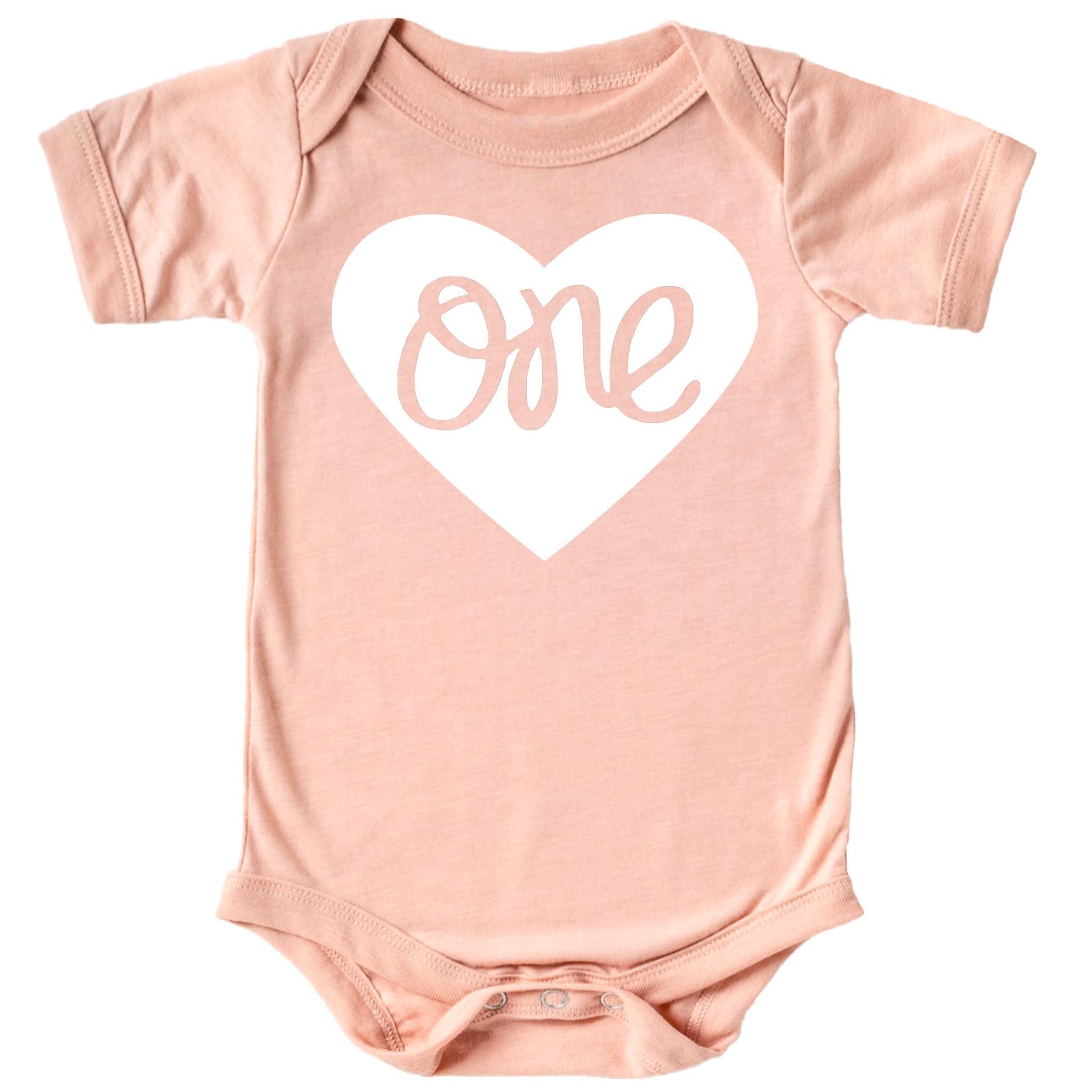 Military green baby girl bodysuit with 'One' inside a heart graphic for 1st birthday outfit