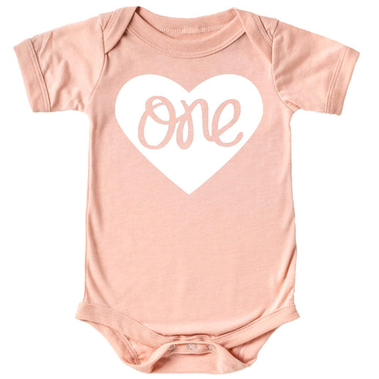 Military green baby girl bodysuit with 'One' inside a heart graphic for 1st birthday outfit