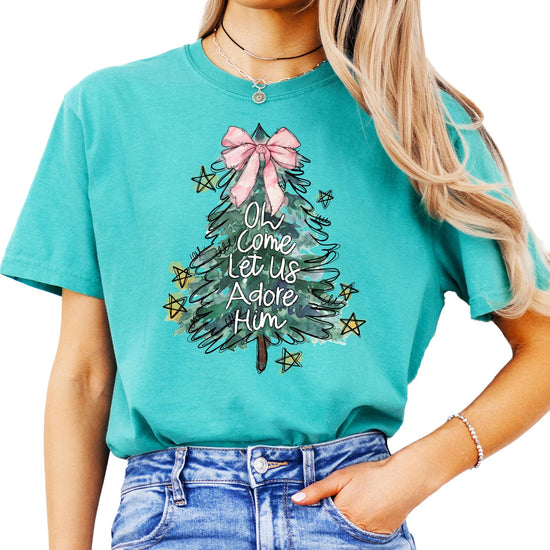 Front view of Oh Come Let Us Adore Him Christmas tree graphic tee in seafoam for women and teens