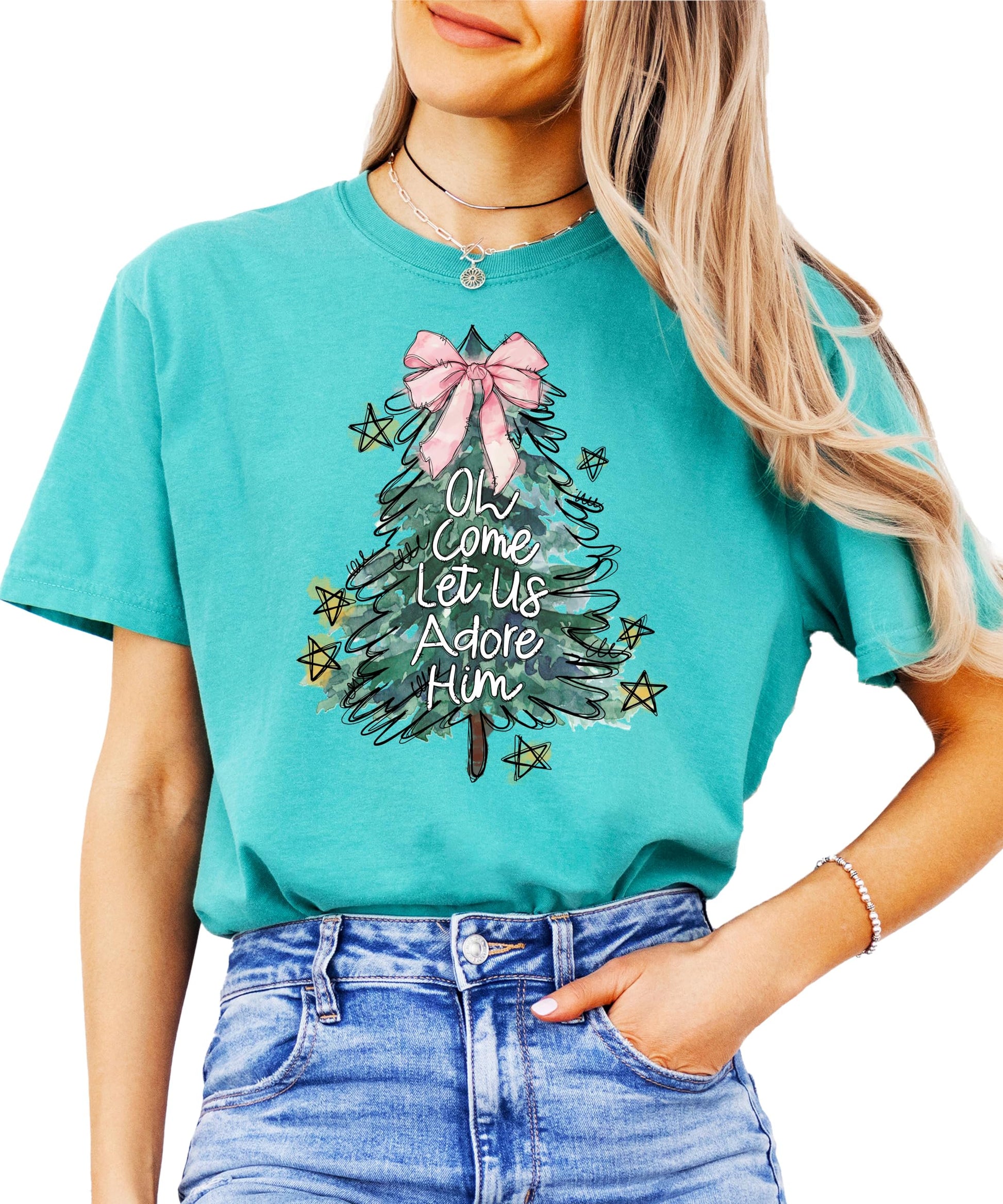 Front view of Oh Come Let Us Adore Him Christmas tree graphic tee in seafoam for women and teens