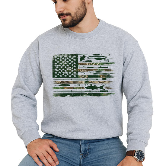 Side angle of men's white fishing pullover sweatshirt with USA flag fishing design