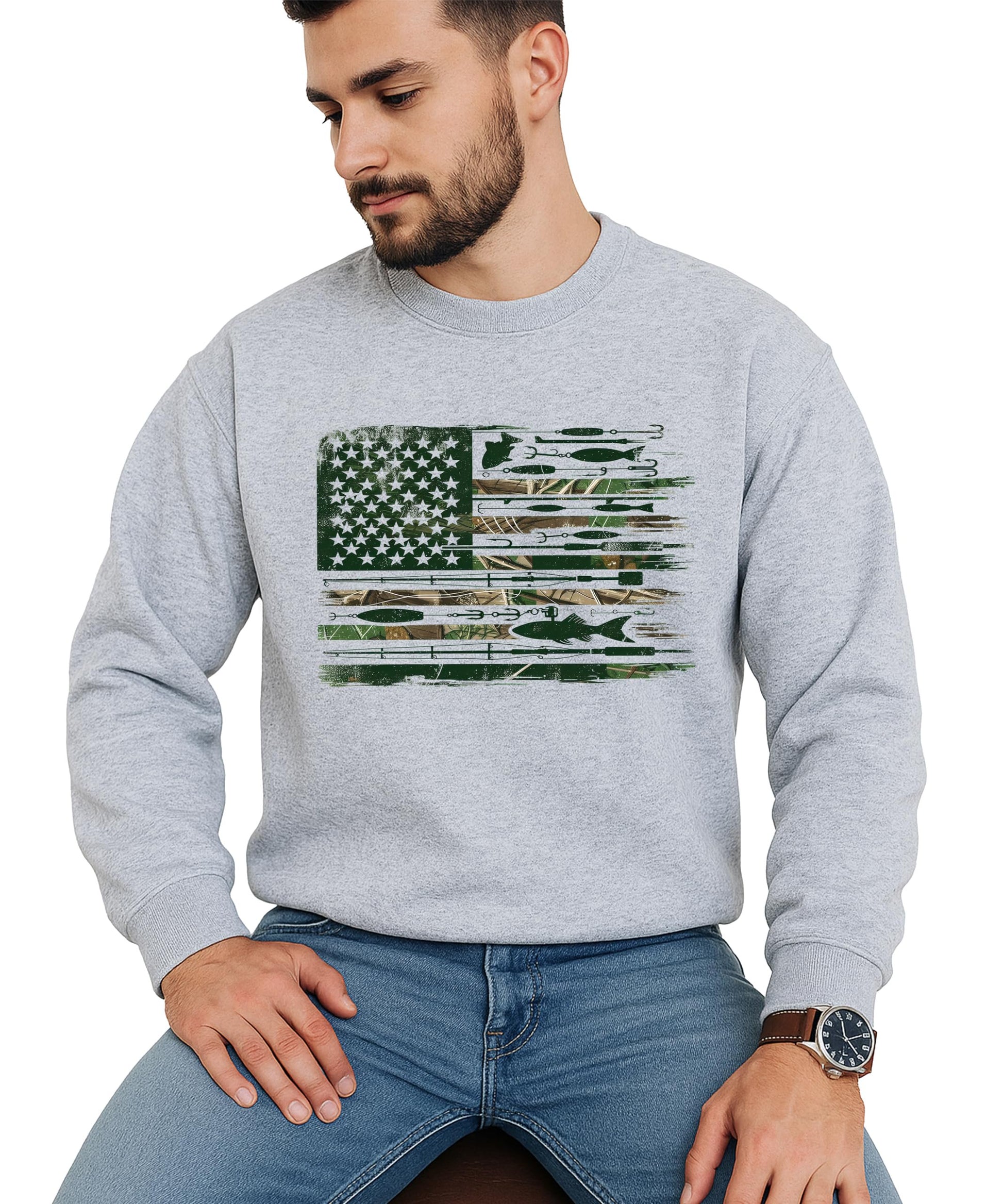 Side angle of men's white fishing pullover sweatshirt with USA flag fishing design