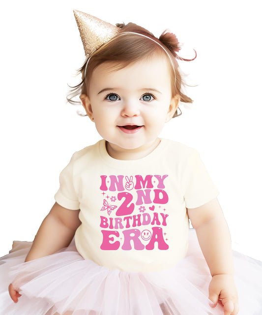 Front view of 'In My 2nd Birthday Era' toddler girl birthday t-shirt with bubbly graphic print