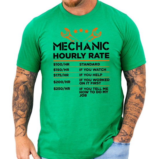 Front view of men's black Mechanic Hourly Rate humor graphic tee by Olive Loves Apple