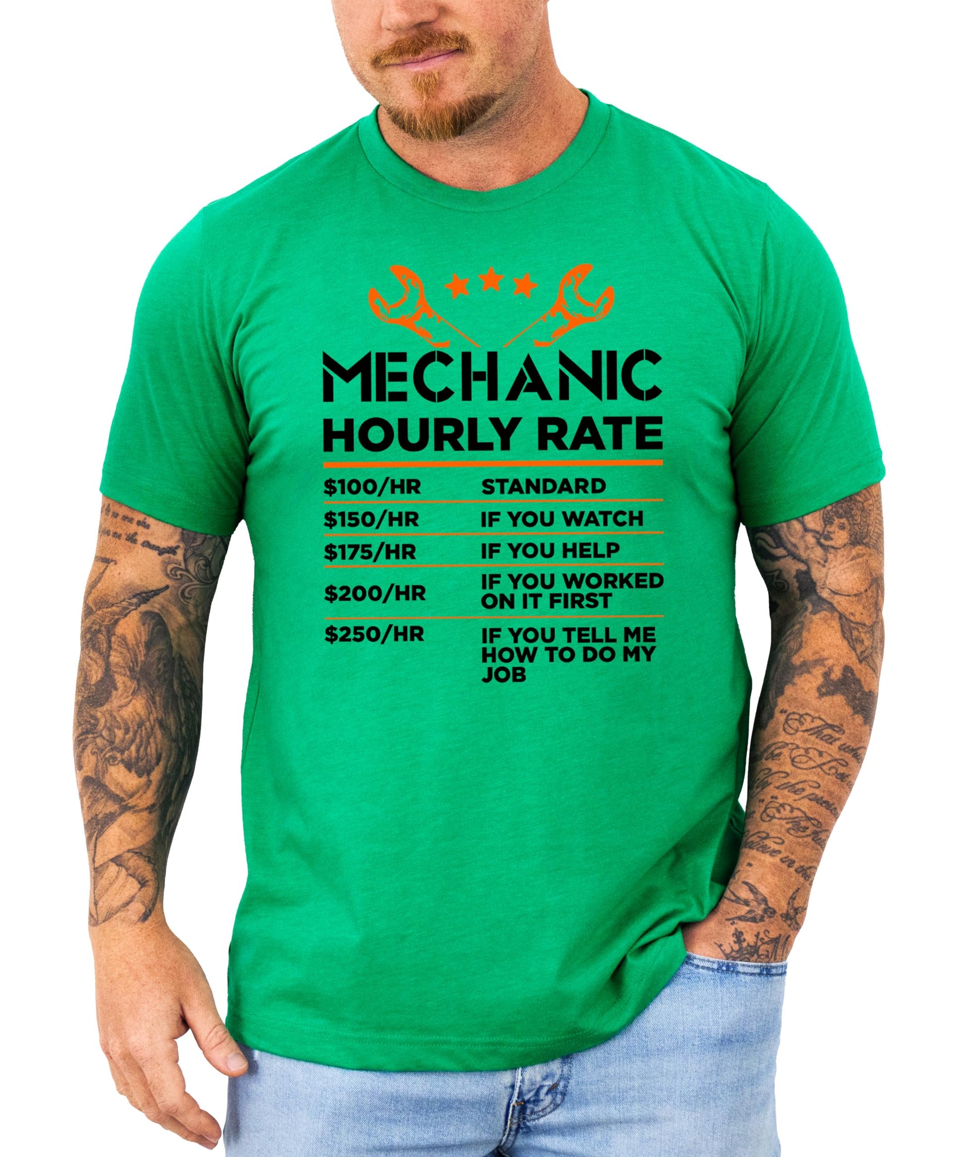 Front view of men's black Mechanic Hourly Rate humor graphic tee by Olive Loves Apple