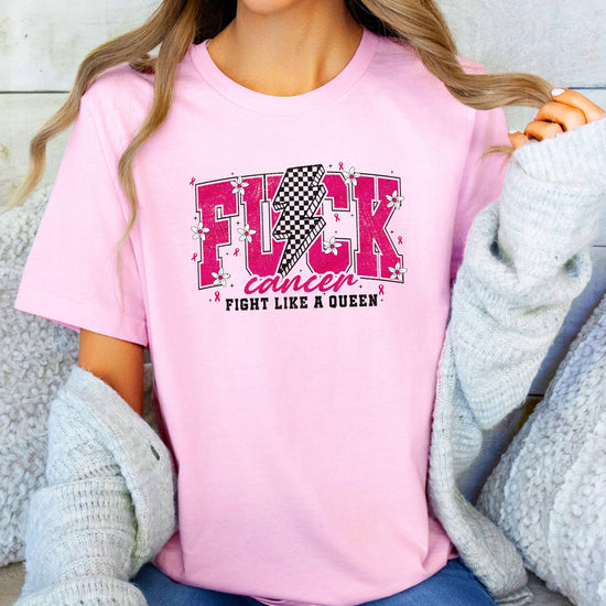 Back view of Fight Like a Queen cancer awareness t-shirt showing rear design or plain back