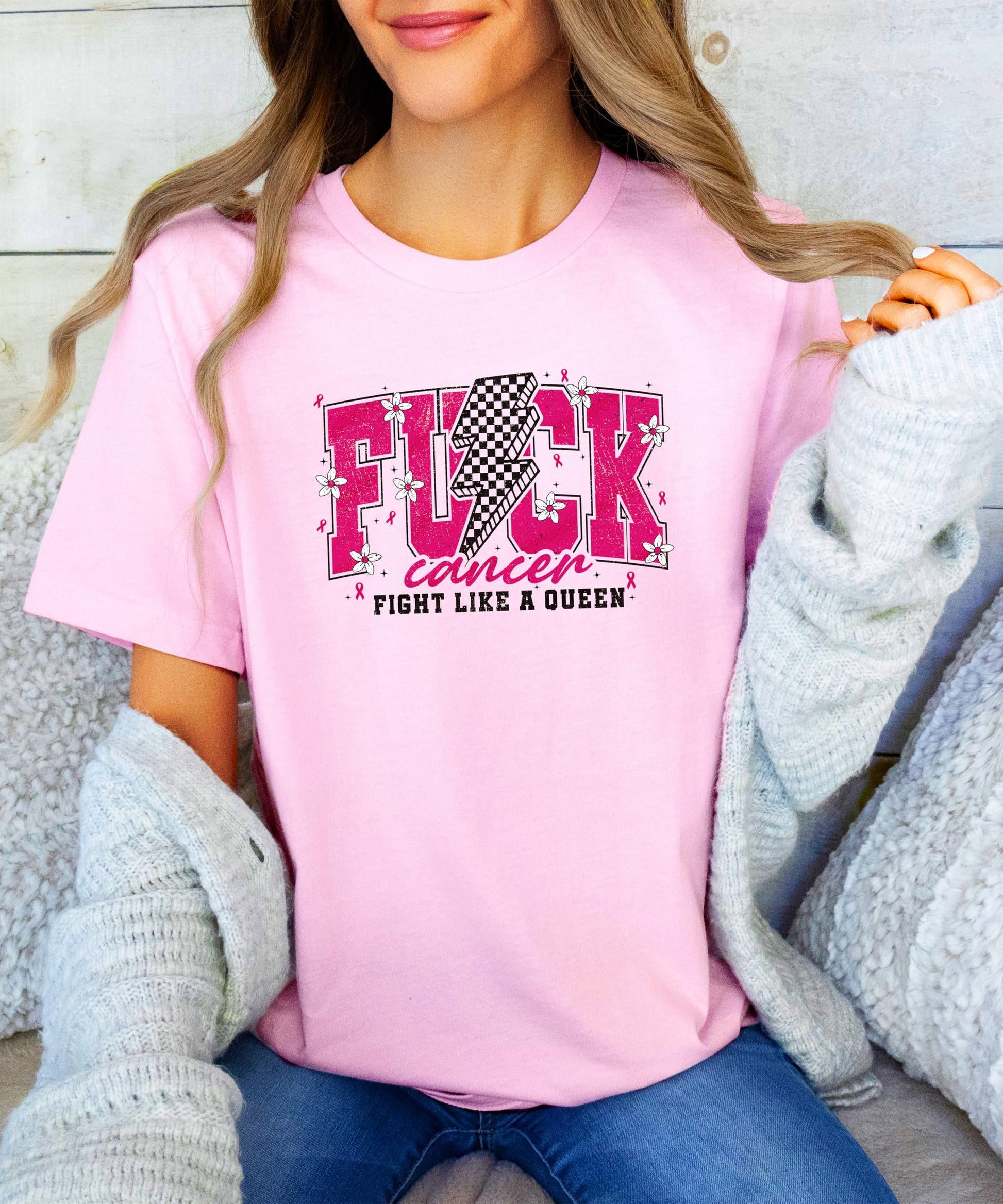 Back view of Fight Like a Queen cancer awareness t-shirt showing rear design or plain back
