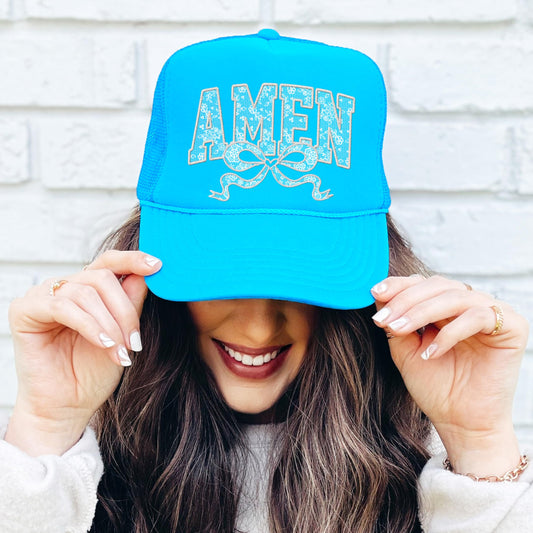 Amen Ink Printed Lace Trucker Hat for Women and Teens Girly Coquette Bow Classic Foam Front Trucker