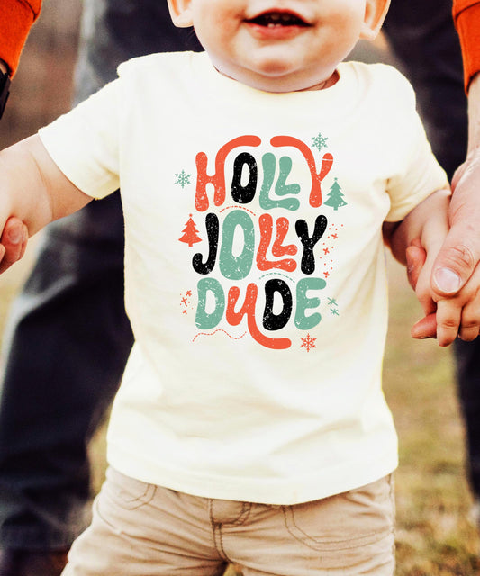 Front view of kids' Holly Jolly Christmas graphic tee showing retro holiday print