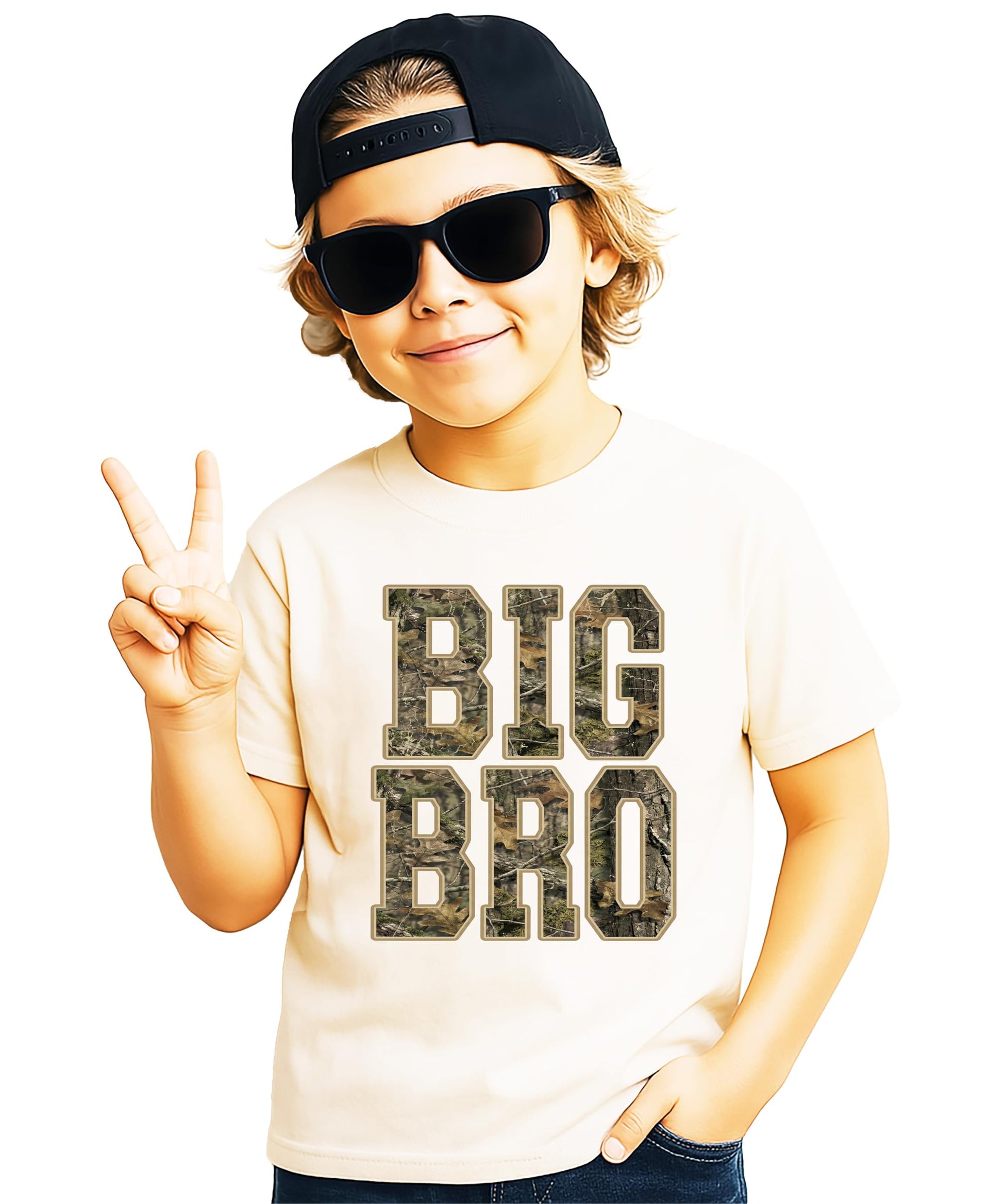 Flat lay of Big Bro camouflage graphic tee for boys showing full shirt design and fit