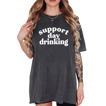 Support Day Drinking funny graphic t-shirt in ivory on woman