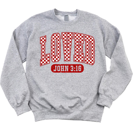 Toddler girls gray Loved John 3:16 red checkered Valentine's sweatshirt by Olive Loves Apple