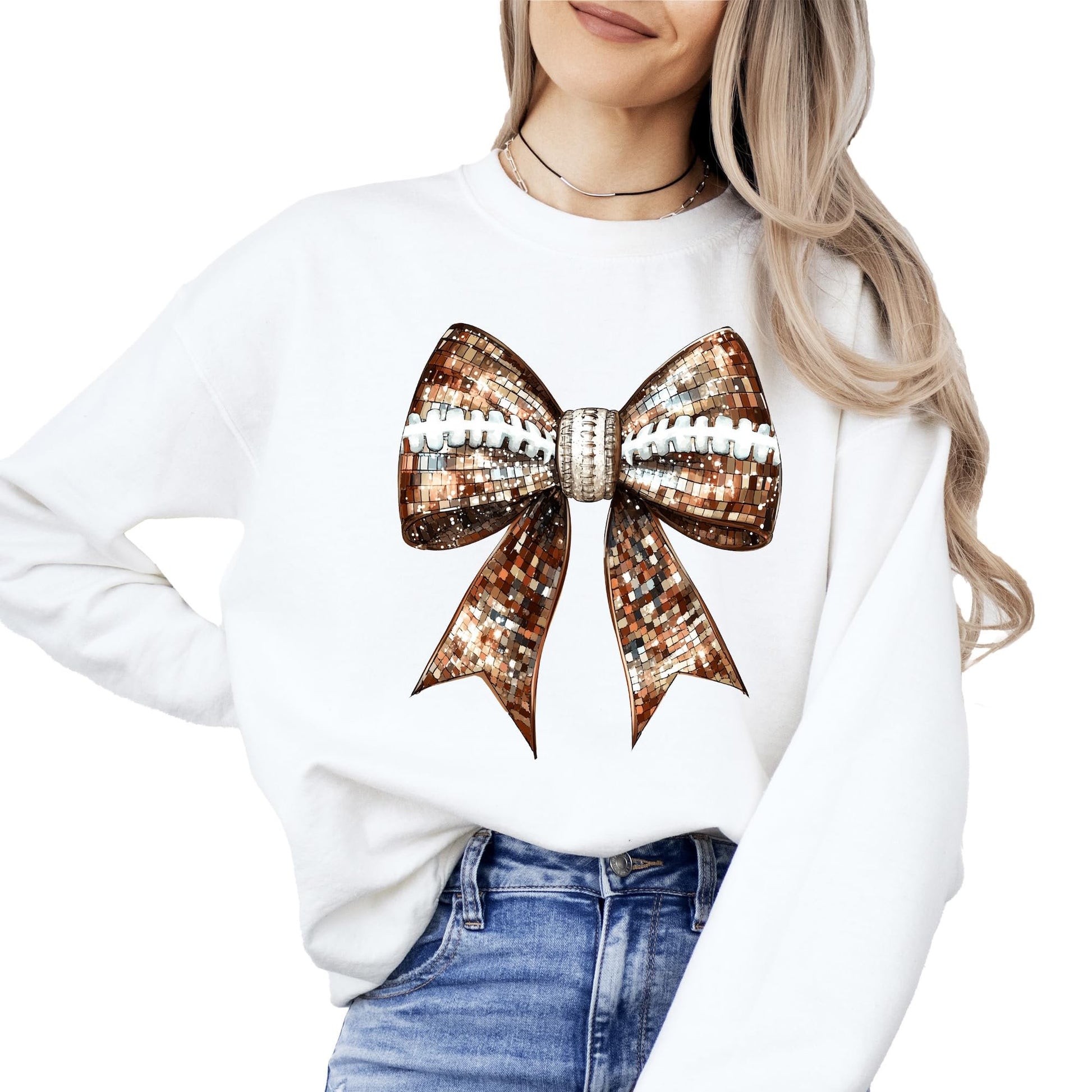 Front view of girly football game day pullover with bow design for women and teens