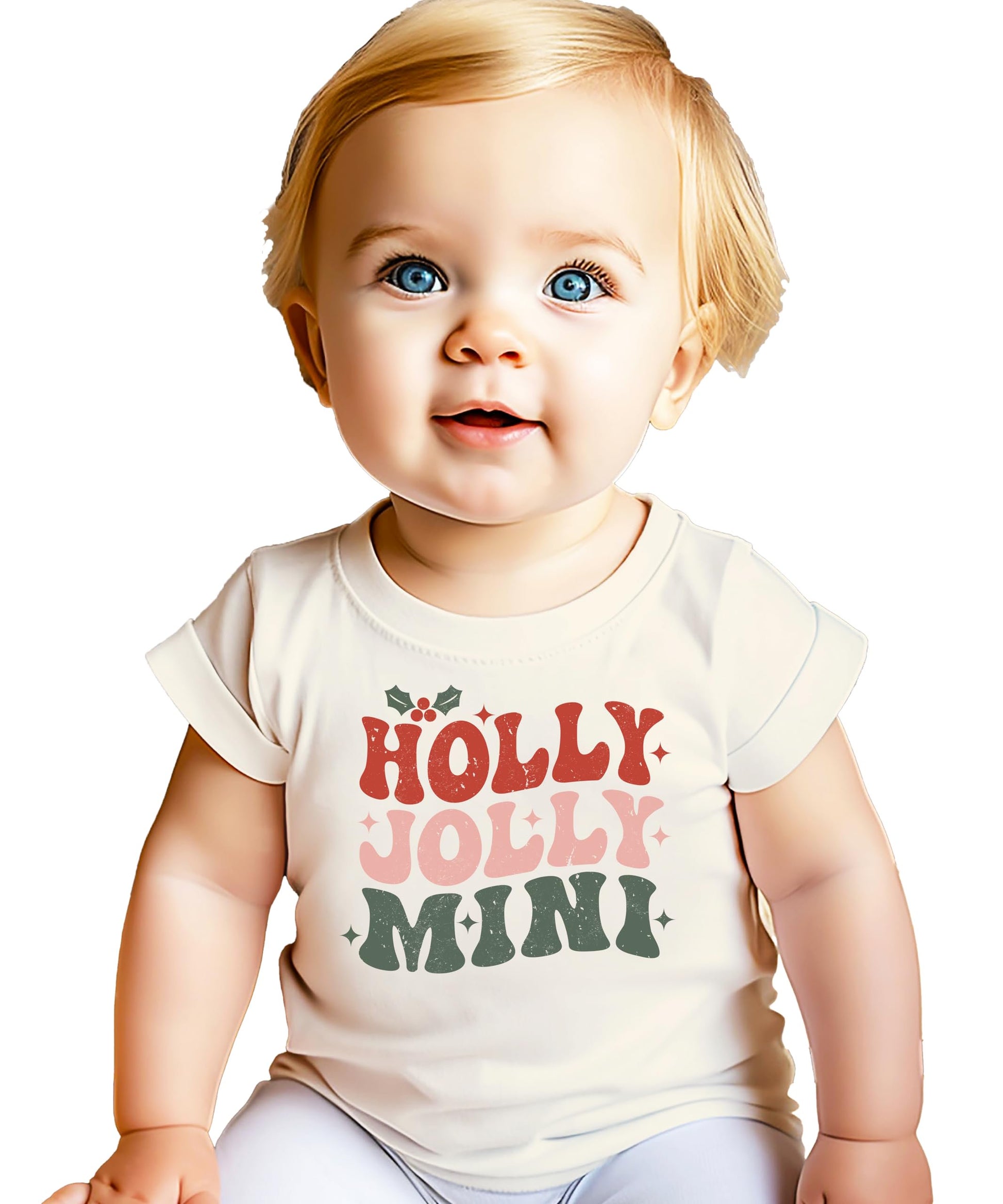 Flat lay of Holly Jolly Mistletoe matching family Christmas tee in natural color