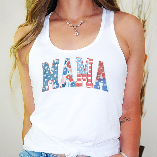 Detail view of patriotic floral MAMA print on women's white tank top for 4th of July