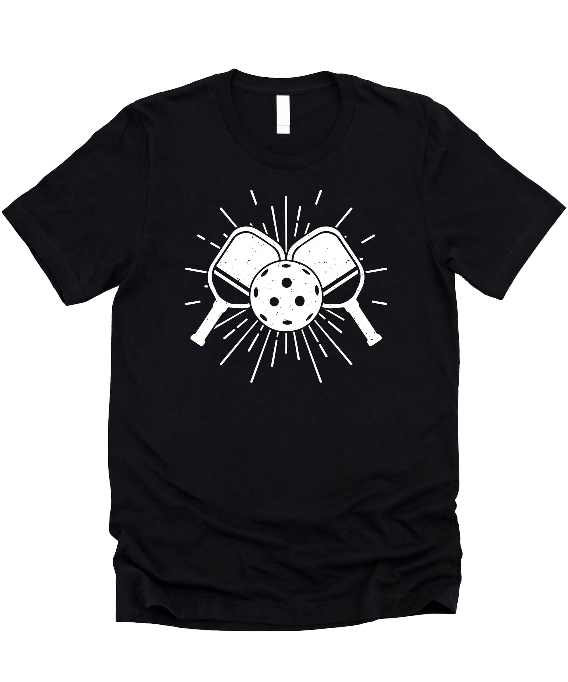 Close-up of pickleball paddle and ball graphic print on black sports tee