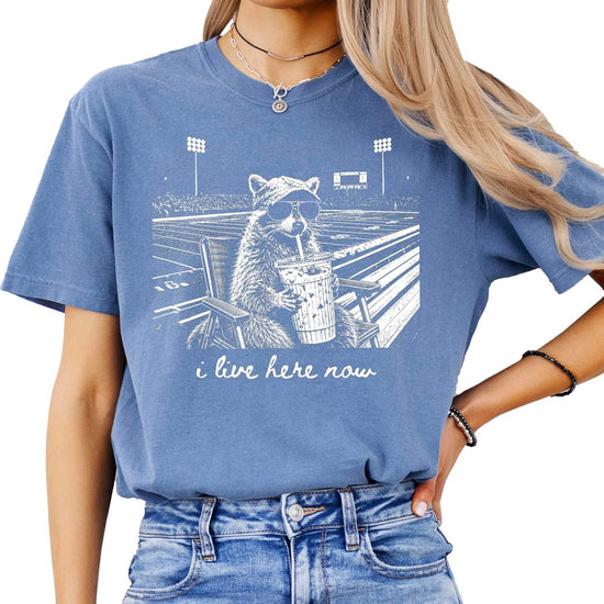 Back or alternate view of I Live Here Now raccoon football tee showing garment-dyed color and fit