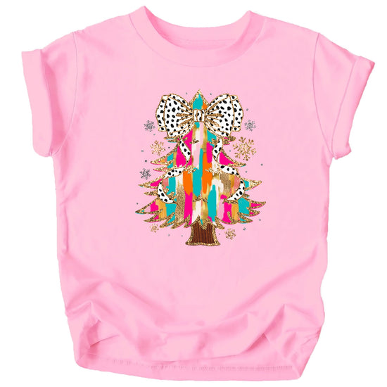 Women's pink tee with faux glitter colorful painted Christmas tree and Dalmatian coquette bow graphic