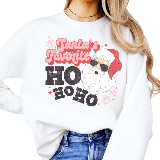 Women's gray sweatshirt with retro Santa in sunglasses and Santa's Favorite Ho Ho Ho graphic print