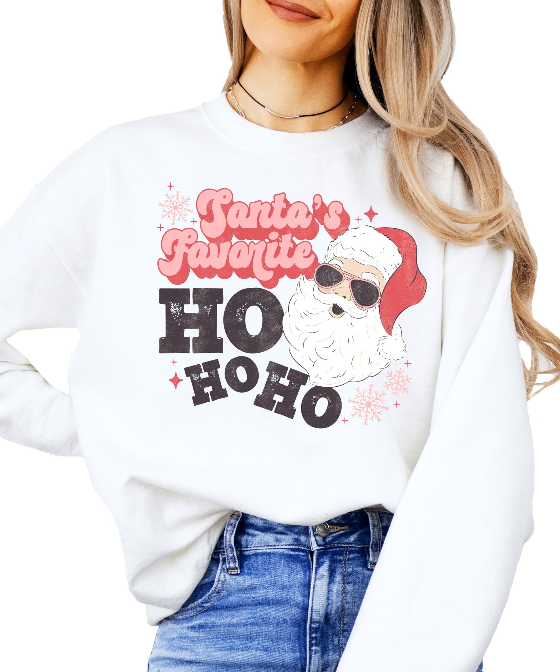 Women's gray sweatshirt with retro Santa in sunglasses and Santa's Favorite Ho Ho Ho graphic print