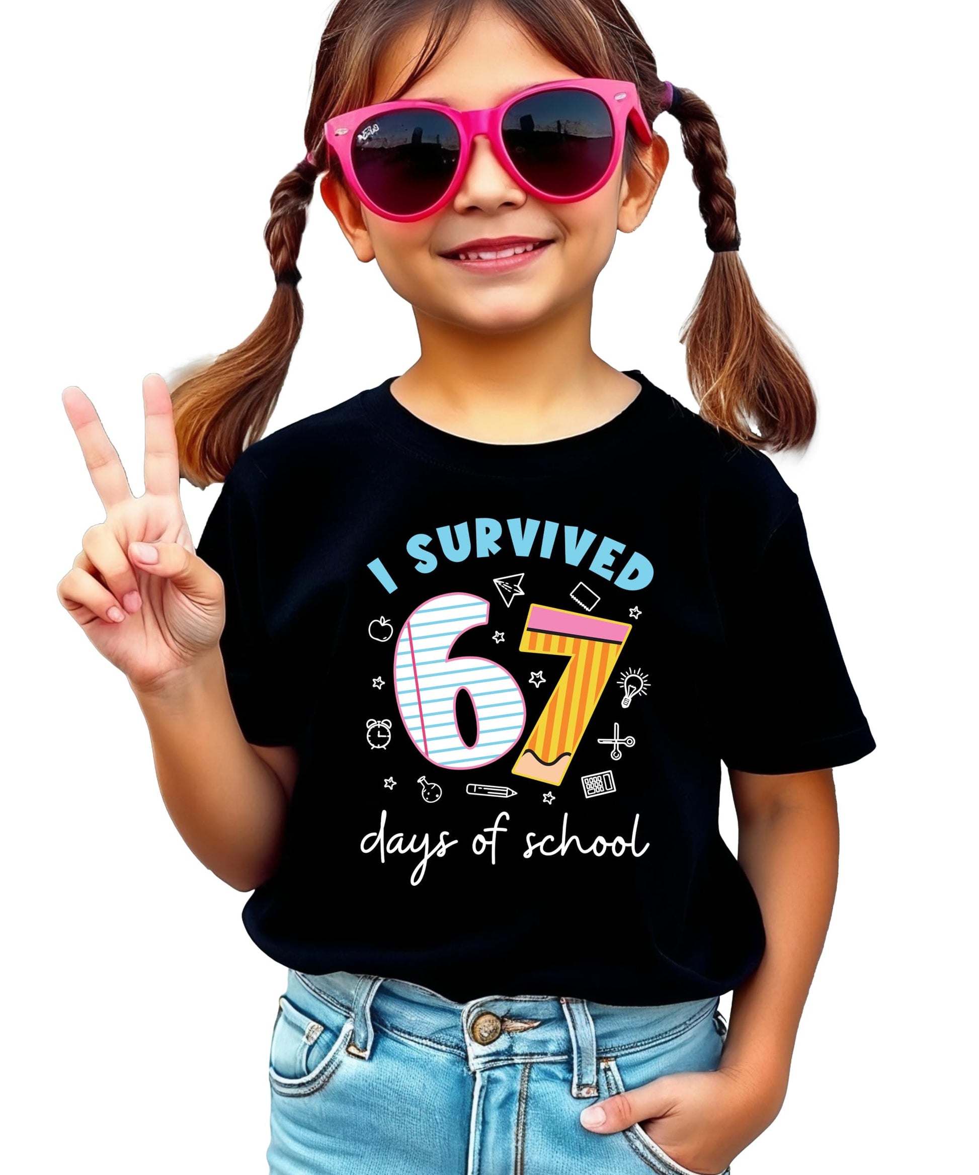 Youth graphic tee with humorous 67 days of school milestone design, laid flat