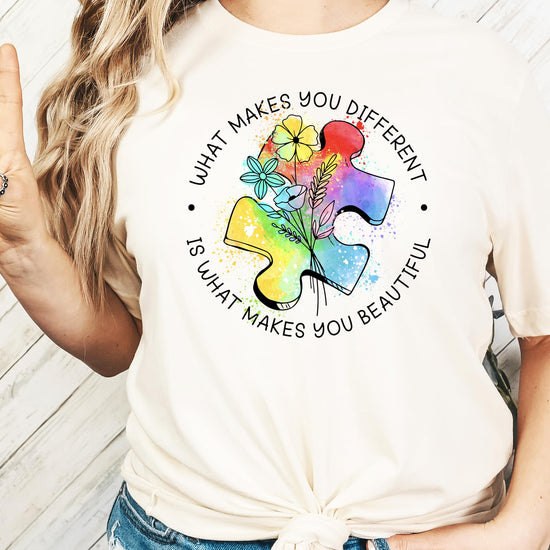 Lifestyle image showing autism awareness t-shirt worn casually