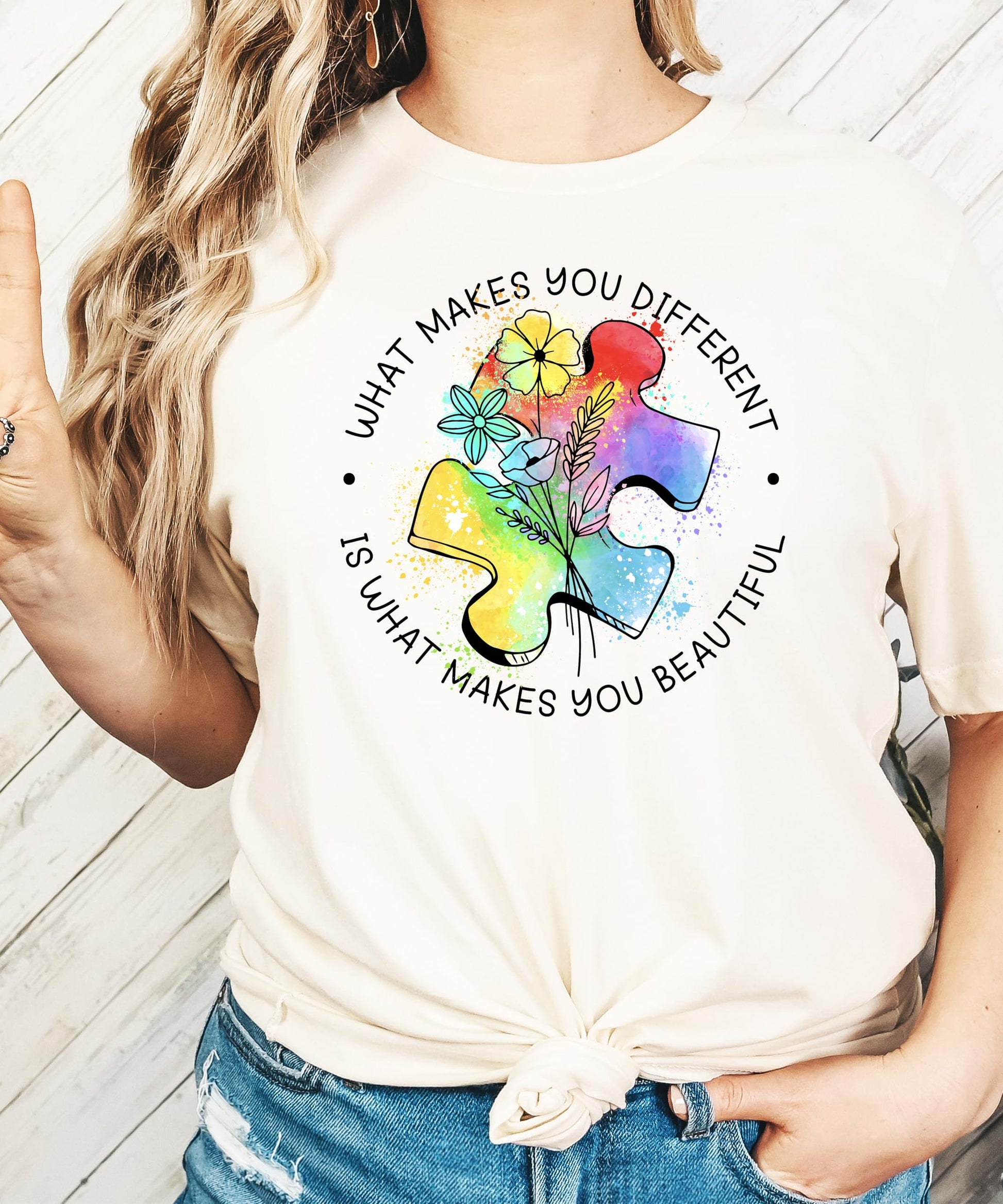 Lifestyle image showing autism awareness t-shirt worn casually