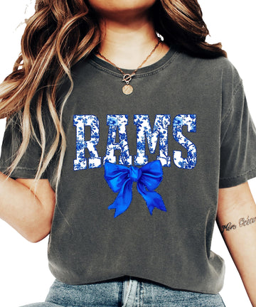 Rams Blue Floral Bow Shirt for Women & Teens Trendy Team Spirit Sports Fan Graphic Tee Ivory Shirt Adult Medium