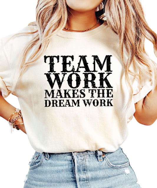 Seafoam green Team Work Makes The Dream Work motivational graphic t-shirt on white background