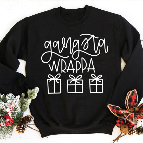 Back or detail view of Gangsta Wrappa funny Christmas sweatshirt for adults