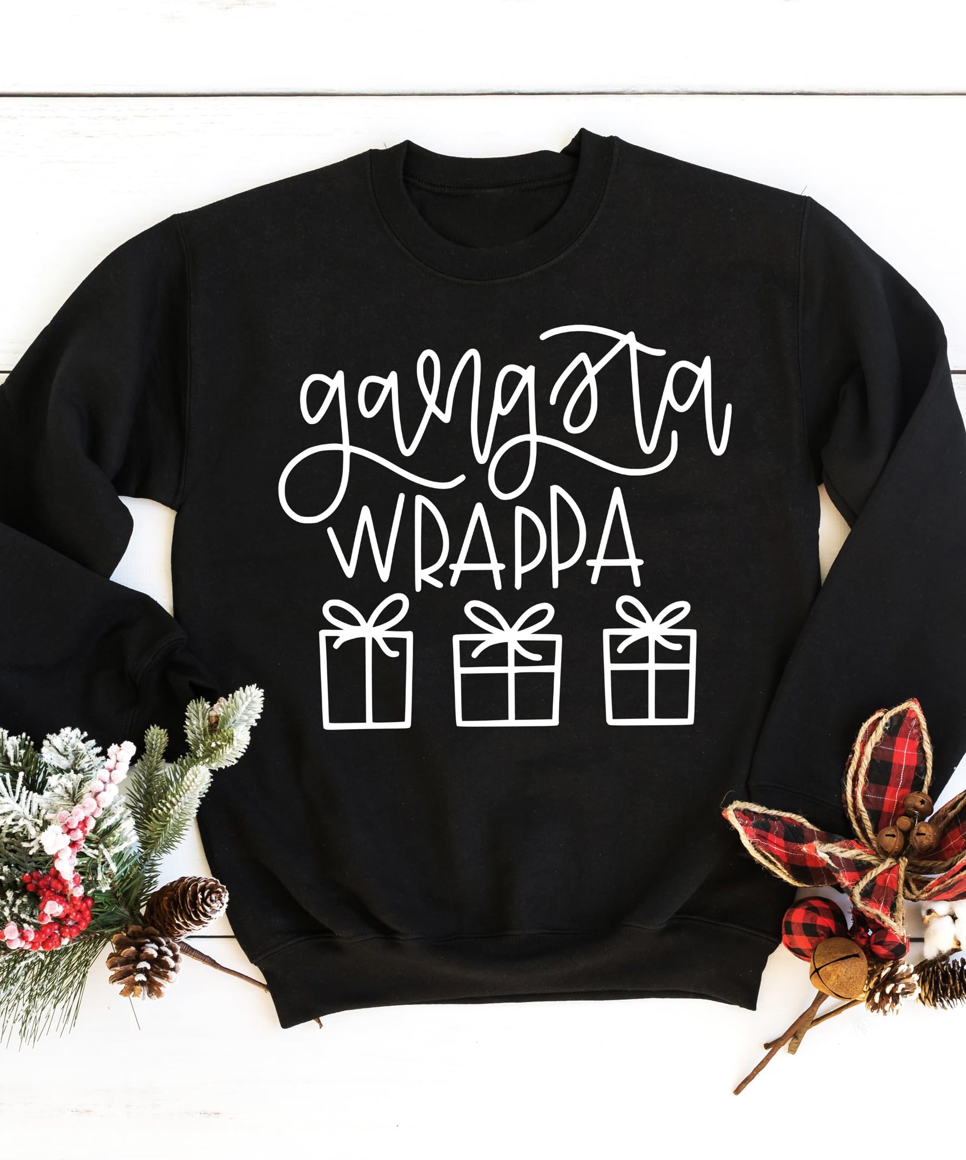 Back or detail view of Gangsta Wrappa funny Christmas sweatshirt for adults