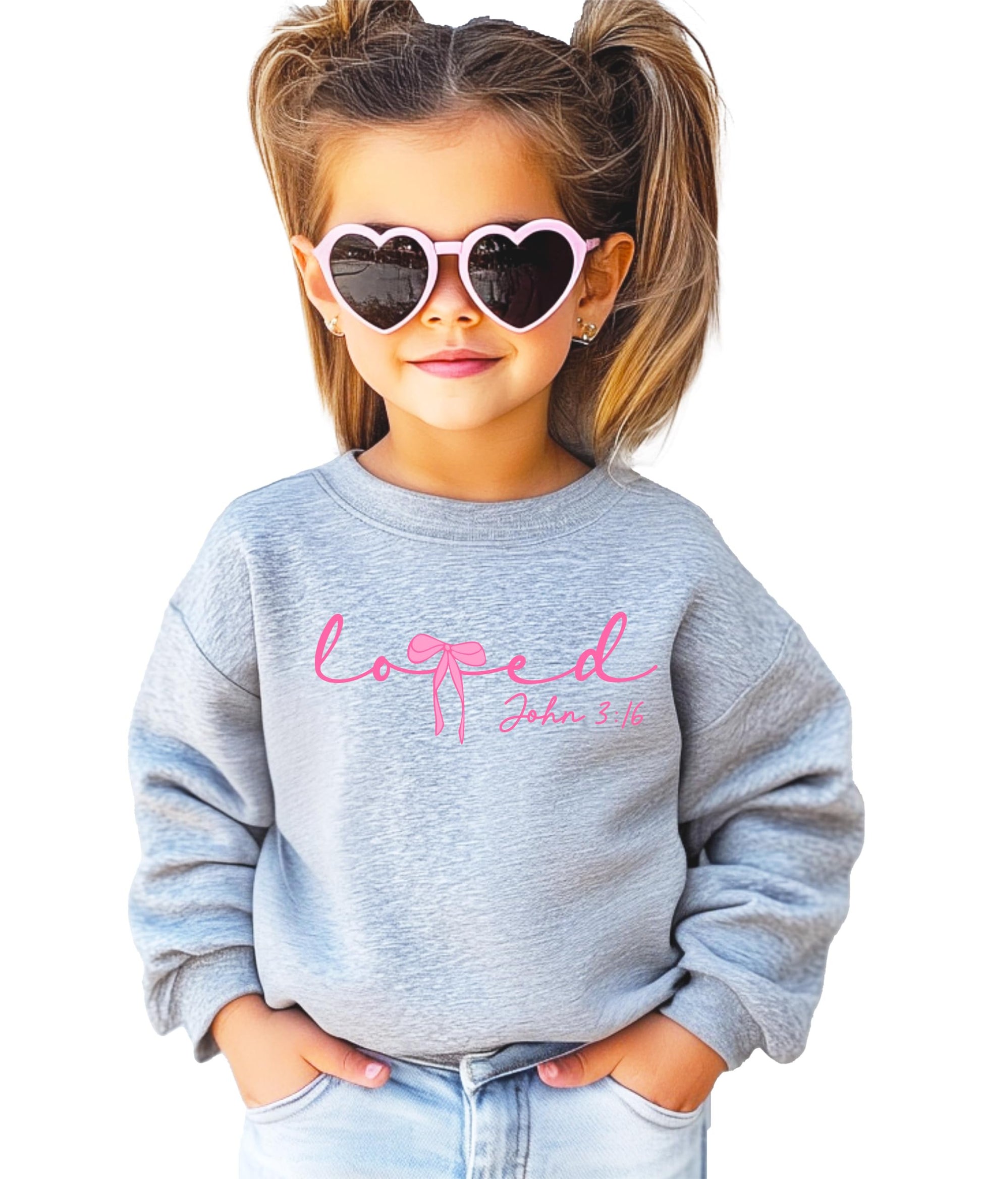 Front view of Loved John 3:16 Valentine's sweatshirt with pink bow detail on white fabric