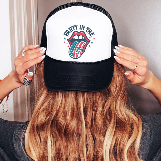 Retro Party in the USA Tongue Trucker Hat Foam Front Classic 5 Panel Mesh Snap Back