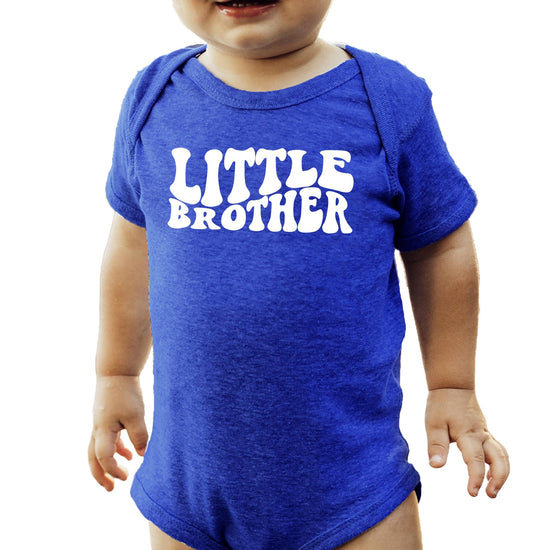 Flat lay of Little Brother groovy bodysuit showing full design and snap buttons