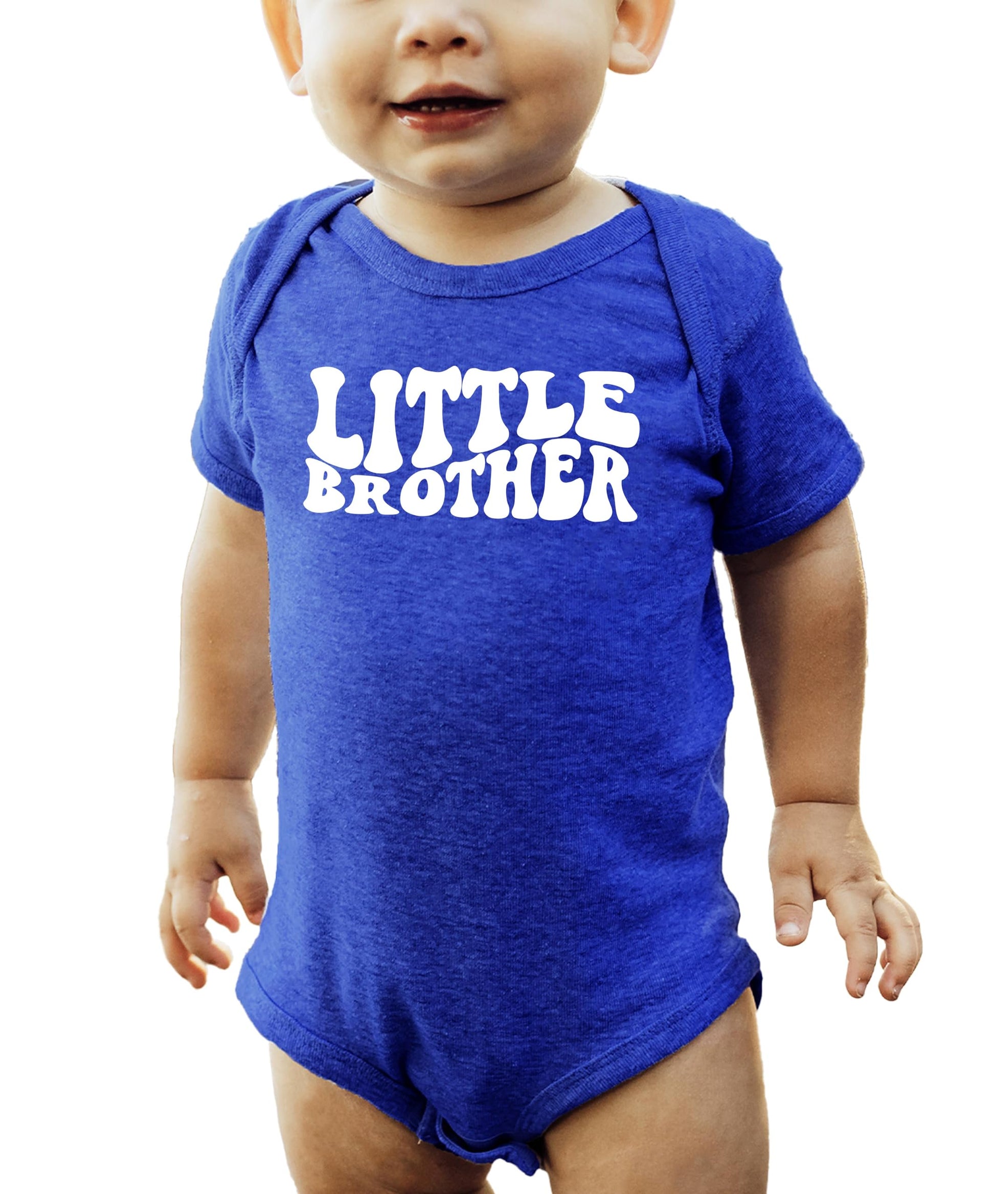 Flat lay of Little Brother groovy bodysuit showing full design and snap buttons