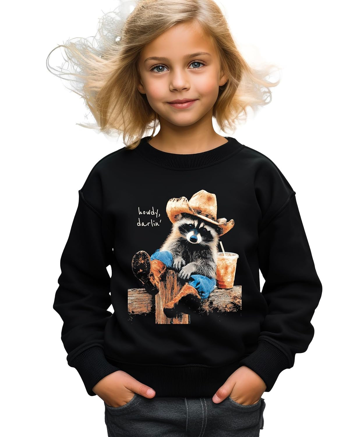 Model wearing black Howdy cowboy raccoon sweatshirt styled casually with jeans