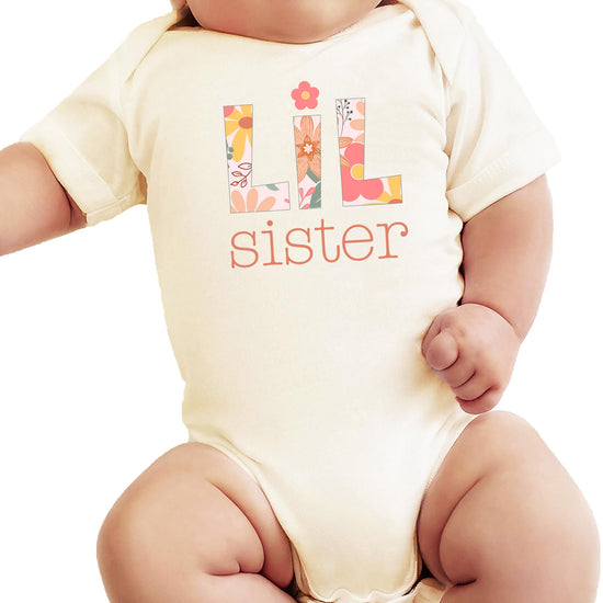 Sibling matching baby bodysuit gift idea — Lil Sister peach floral one-piece