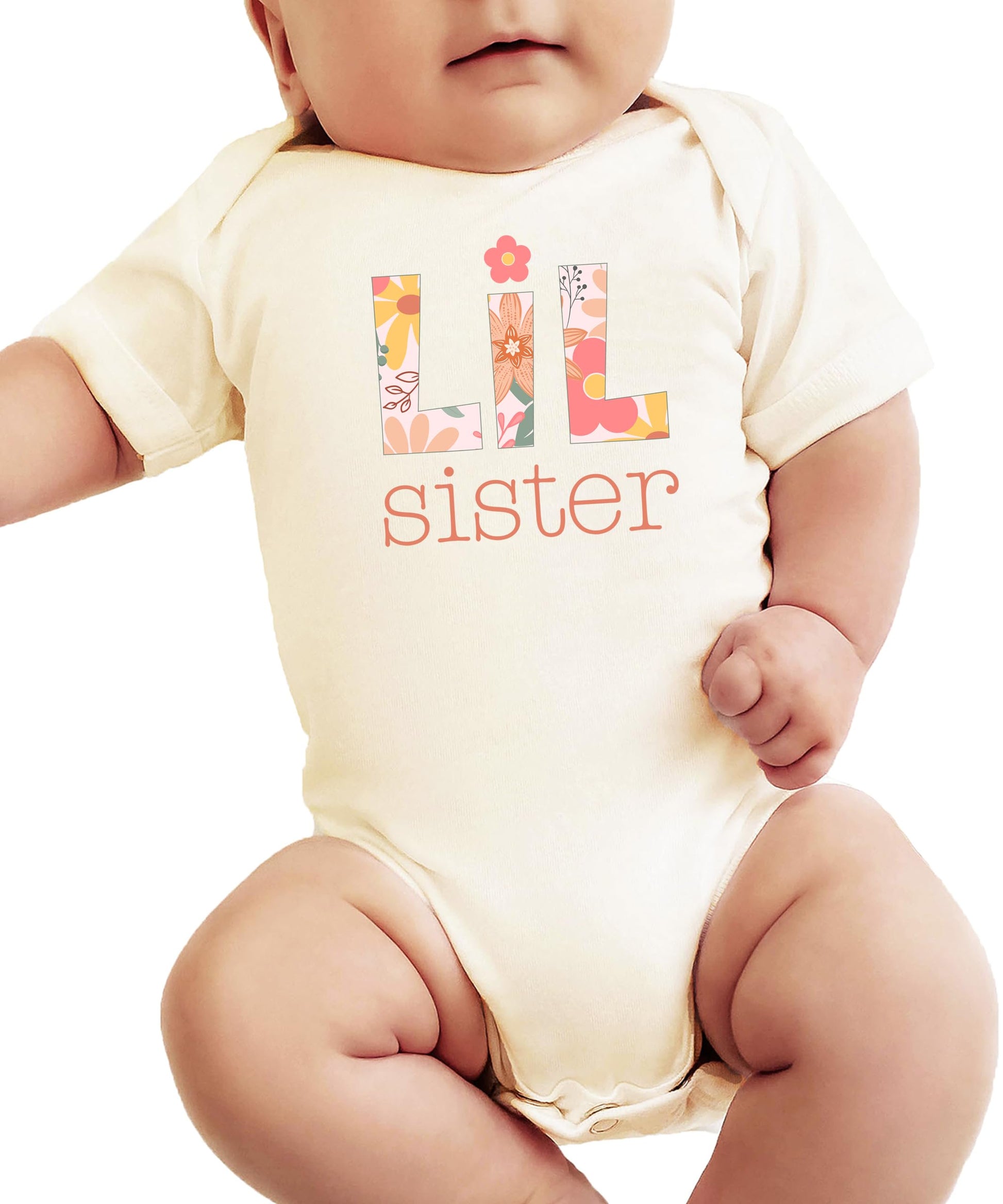 Sibling matching baby bodysuit gift idea — Lil Sister peach floral one-piece