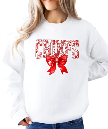 Floral Chiefs Team Sweatshirt for Women, Teens & Kids Red Coquette Bow Sports Team Sweater Black Sweatshirt Youth Large