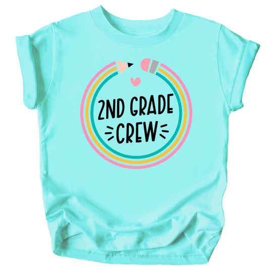 Front view of kids pink 2nd Grade pencil shirt from Olive Loves Apple, back to school graphic tee
