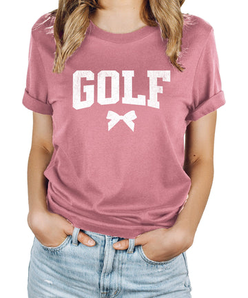 Distressed coquette bow golf graphic tee for women in a vintage-inspired design