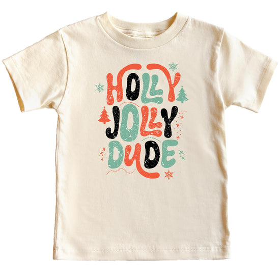 Boys modeling Holly Jolly Dude festive Christmas graphic tee in natural color