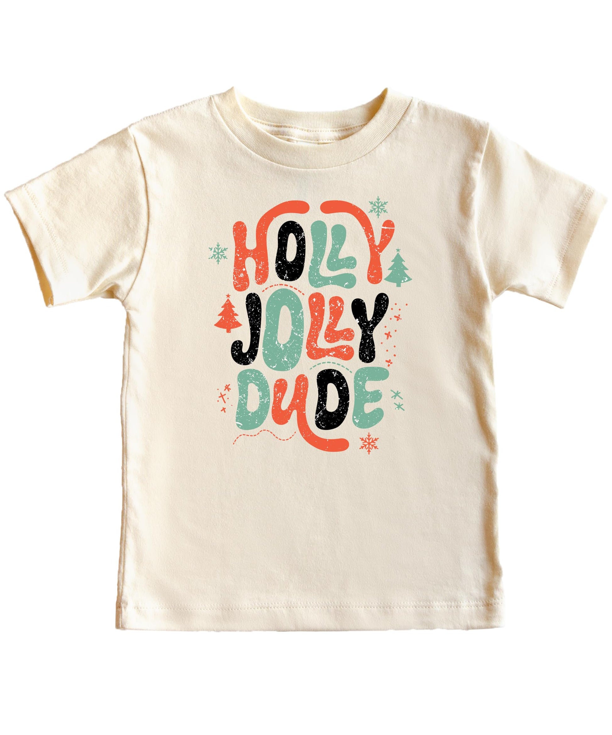 Boys modeling Holly Jolly Dude festive Christmas graphic tee in natural color