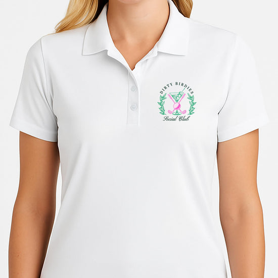 Back view of white sleeveless golf polo showing design placement