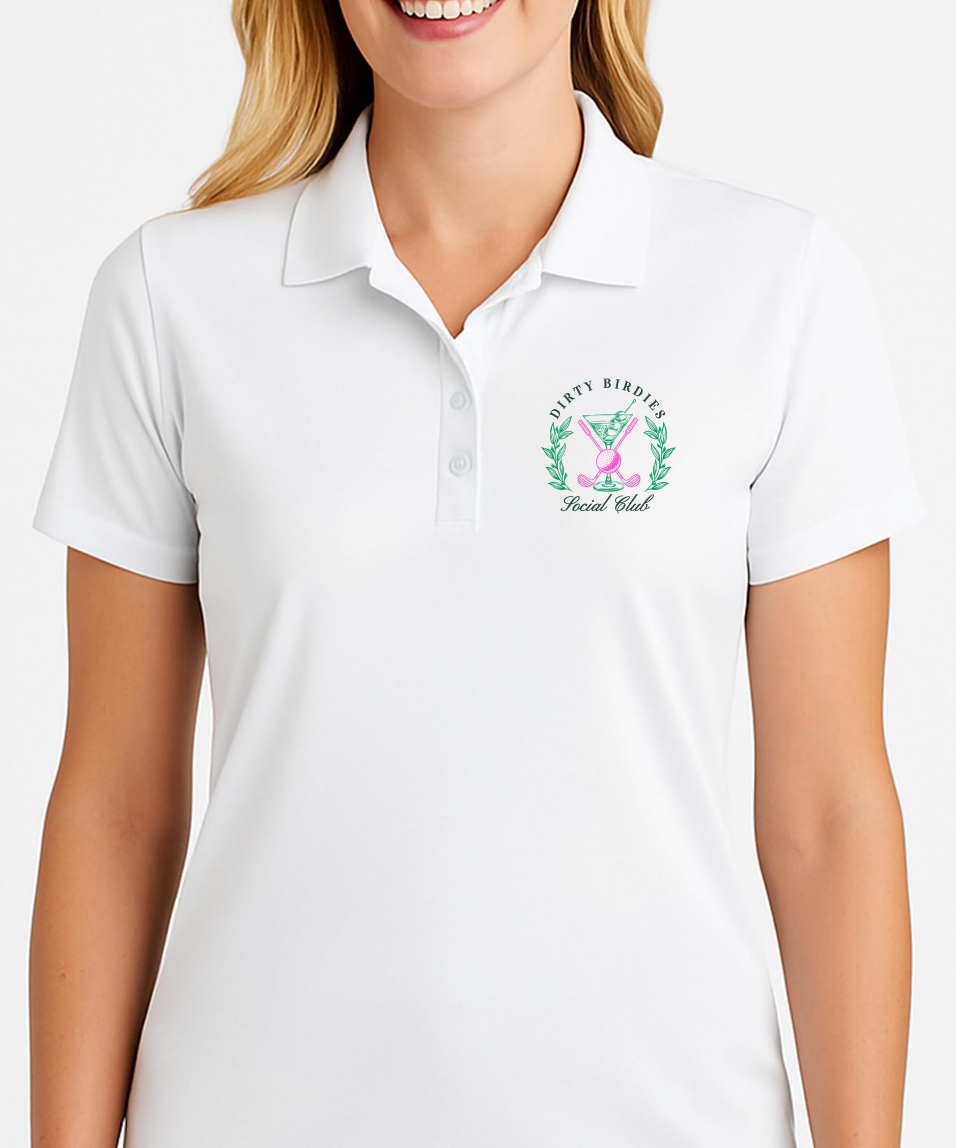 Back view of white sleeveless golf polo showing design placement