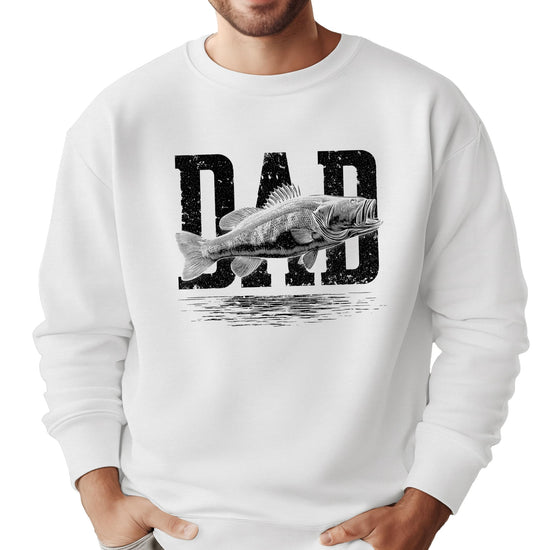White distressed fishing graphic pullover sweatshirt with bold Dad Fish design, front view