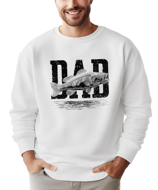White distressed fishing graphic pullover sweatshirt with bold Dad Fish design, front view